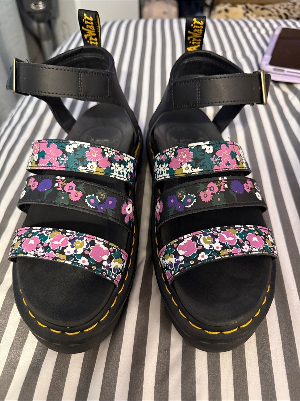 Dr. Martens Black Floral Triple-Strap Platform Sandals